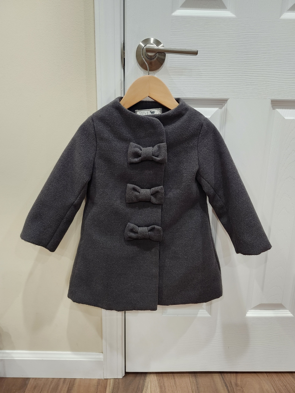 Girls' Classic Charcoal Gray Bow Coat